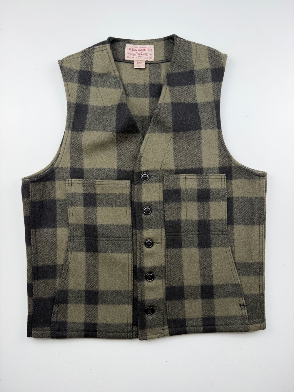 Filson Mackinaw Wool Buffalo Waistcoat Vest Mens 38 Small Olive Green Black